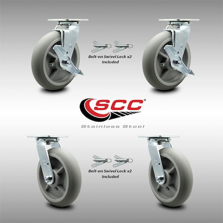 8 Inch SS Thermoplastic Caster Set With Roller Bearing 4 Swivel Lock 2 Brake SCC